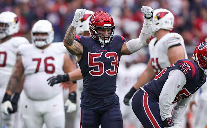 Texans linebacker Blake Cashman reacts after a play during the game against the Arizona Cardinals at NRG Stadium.